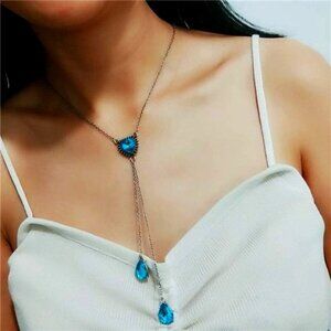 Crystal Blue Gemstone Ocean Heart Pendant Necklace Jewelry for Women